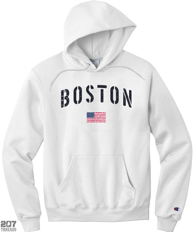 Celebrate Boston with Our Vintage USA Flag Boston Hoodie by Champion!