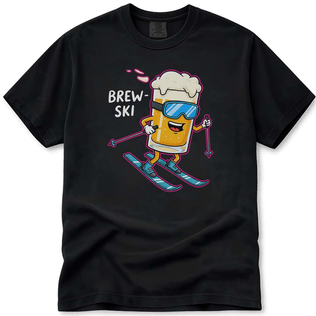 Brew Ski Funny Beer Mug Character Skiing T-Shirt - Black