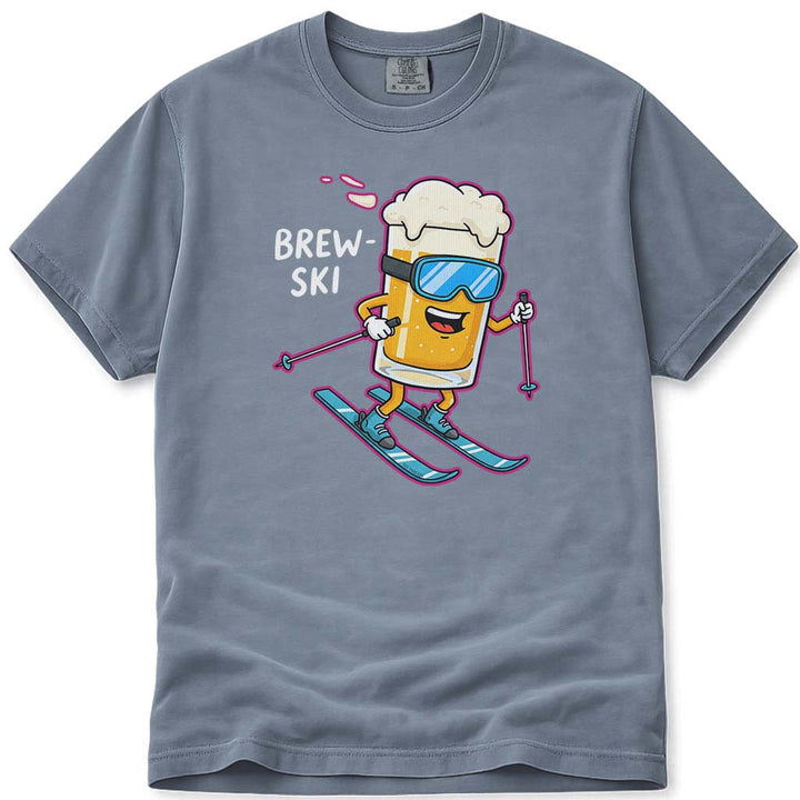Brew Ski Funny Beer Mug Character Skiing T-Shirt - Blue Jean