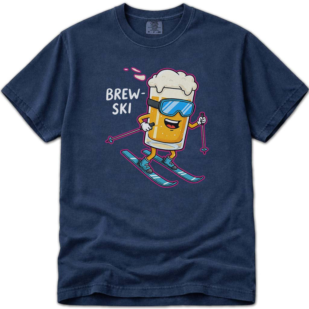Brew Ski Funny Beer Mug Character Skiing T-Shirt - Navy