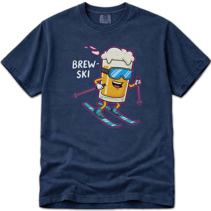 Brew Ski Funny Beer Mug Character Skiing T-Shirt - Navy
