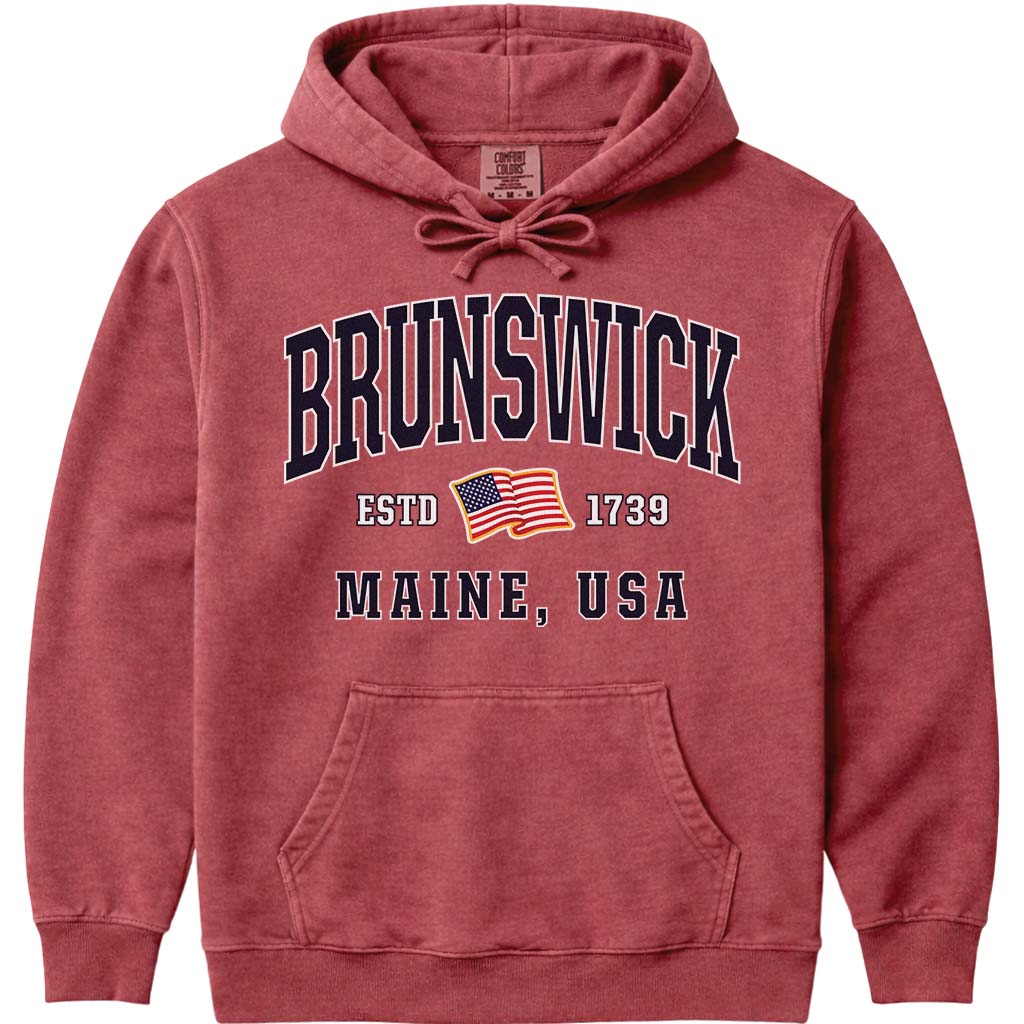 Brunswick Maine USA Flag Hooded Sweatshirt - Crimson