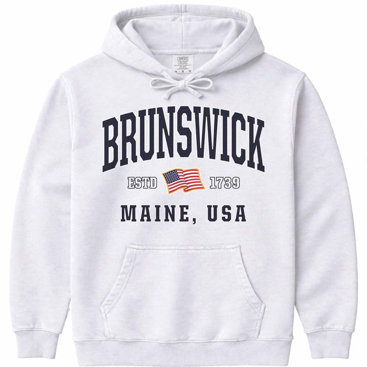 Brunswick Maine USA Flag Hooded Sweatshirt - White