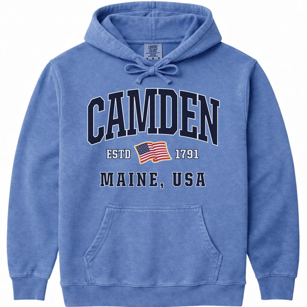 Camden Maine USA Flag Hoodie - Flo Blue