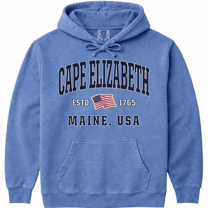 Cape Elizabeth USA Flag Hooded Sweatshirt - Flo Blue