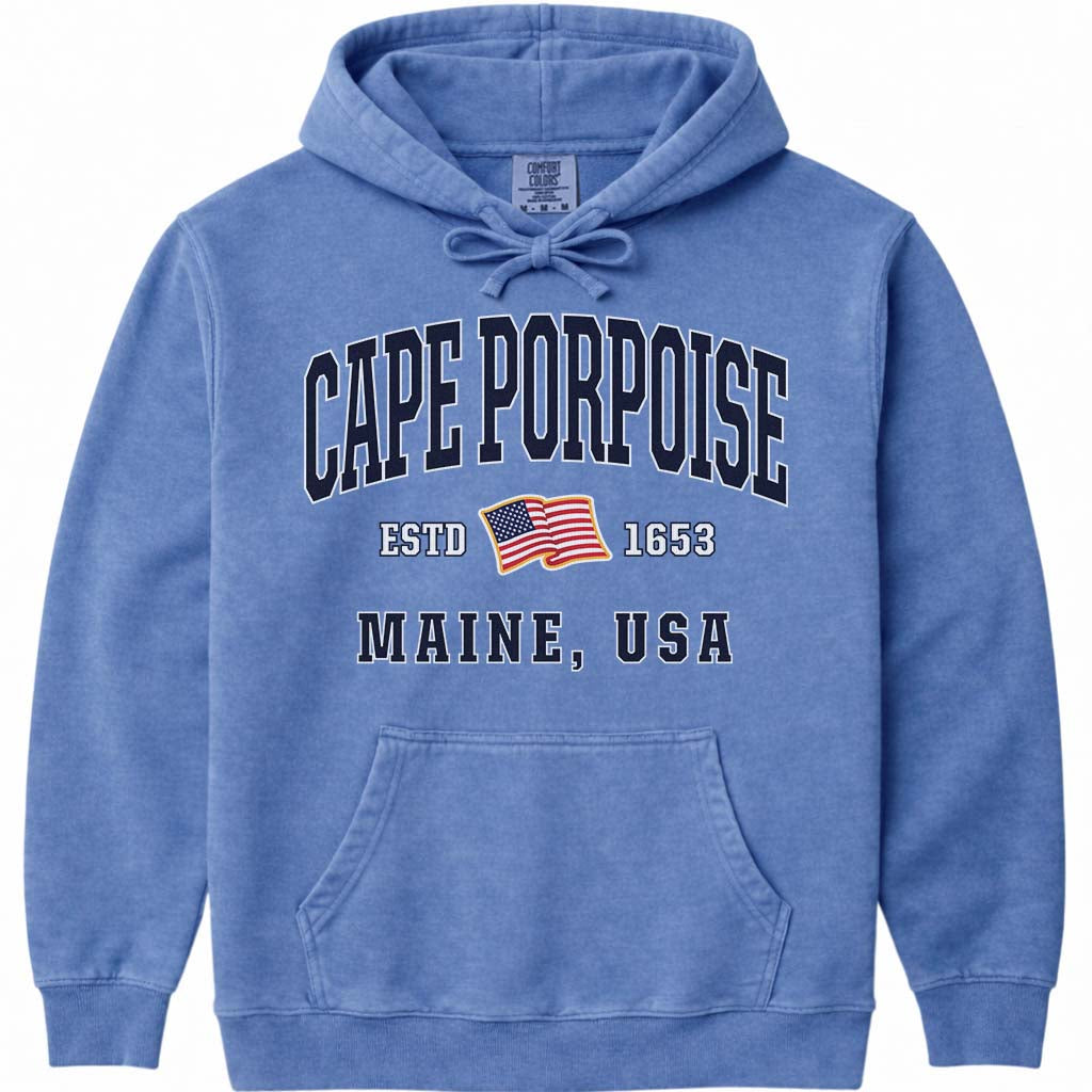 Cape Porpoise Maine USA Flag Hoodie Sweatshirt - Flo Blue