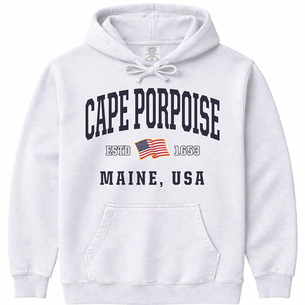 Cape Porpoise Maine USA Flag Hoodie Sweatshirt - White