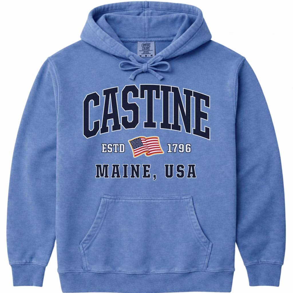 USA Flag Castine Maine Hooded Sweatshirt - Flo Blue