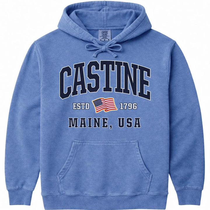 USA Flag Castine Maine Hooded Sweatshirt - Flo Blue