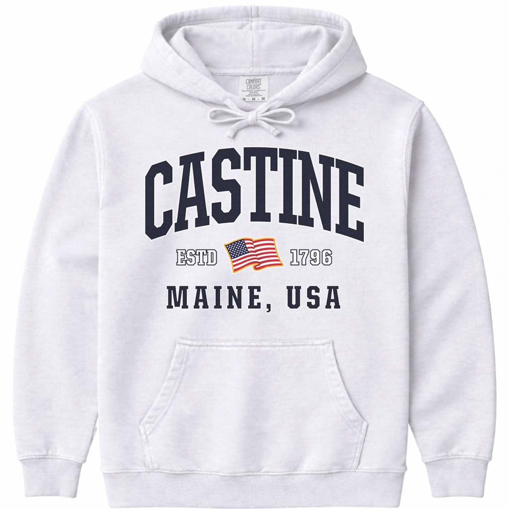 USA Flag Castine Maine Hooded Sweatshirt - White