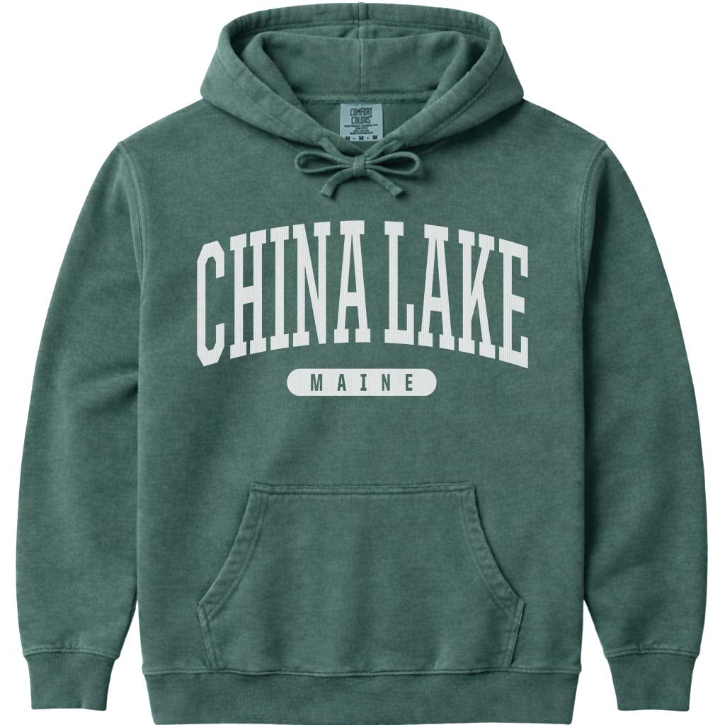 Vintage College China Lake Maine Hoodie Sweatshirt - Blue Spruce
