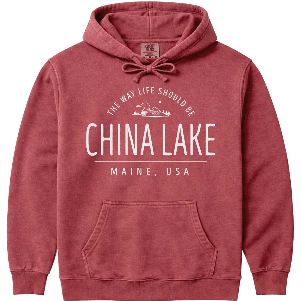 China Lake Loon Hoodie, Maine Lakeside Pullover - Crimson