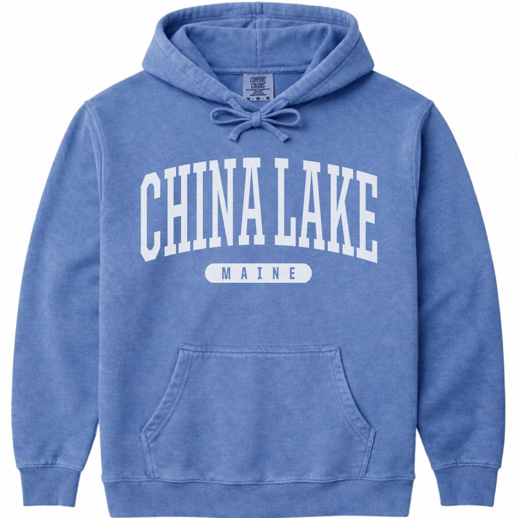 Vintage College China Lake Maine Hoodie Sweatshirt - Flo Blue