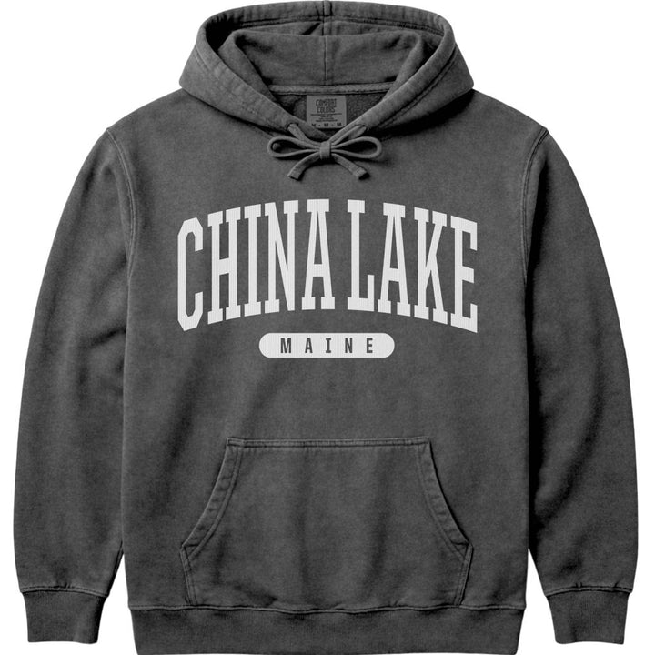 Vintage College China Lake Maine Hoodie Sweatshirt - Pepper