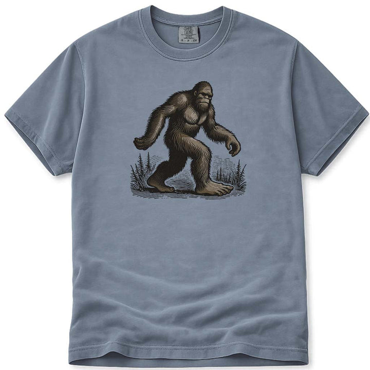 Classic Walking Bigfoot Outdoors In The Woods T-Shirt - Blue Jean