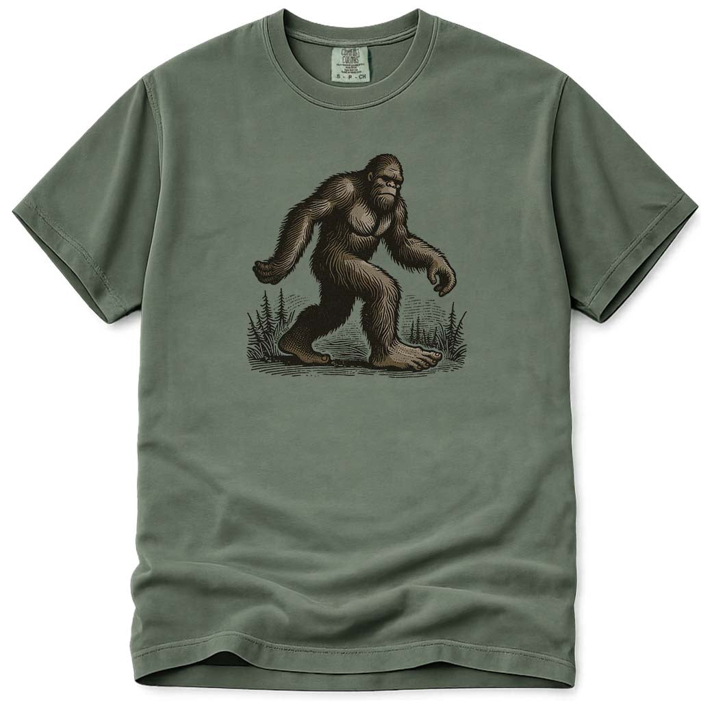 Classic Walking Bigfoot Outdoors In The Woods T-Shirt - Moss