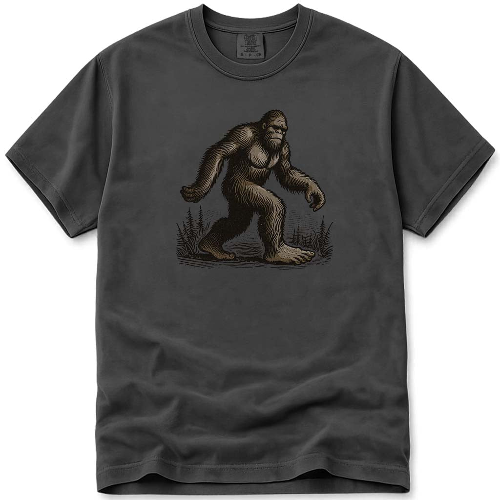 Classic Walking Bigfoot Outdoors In The Woods T-Shirt - Pepper