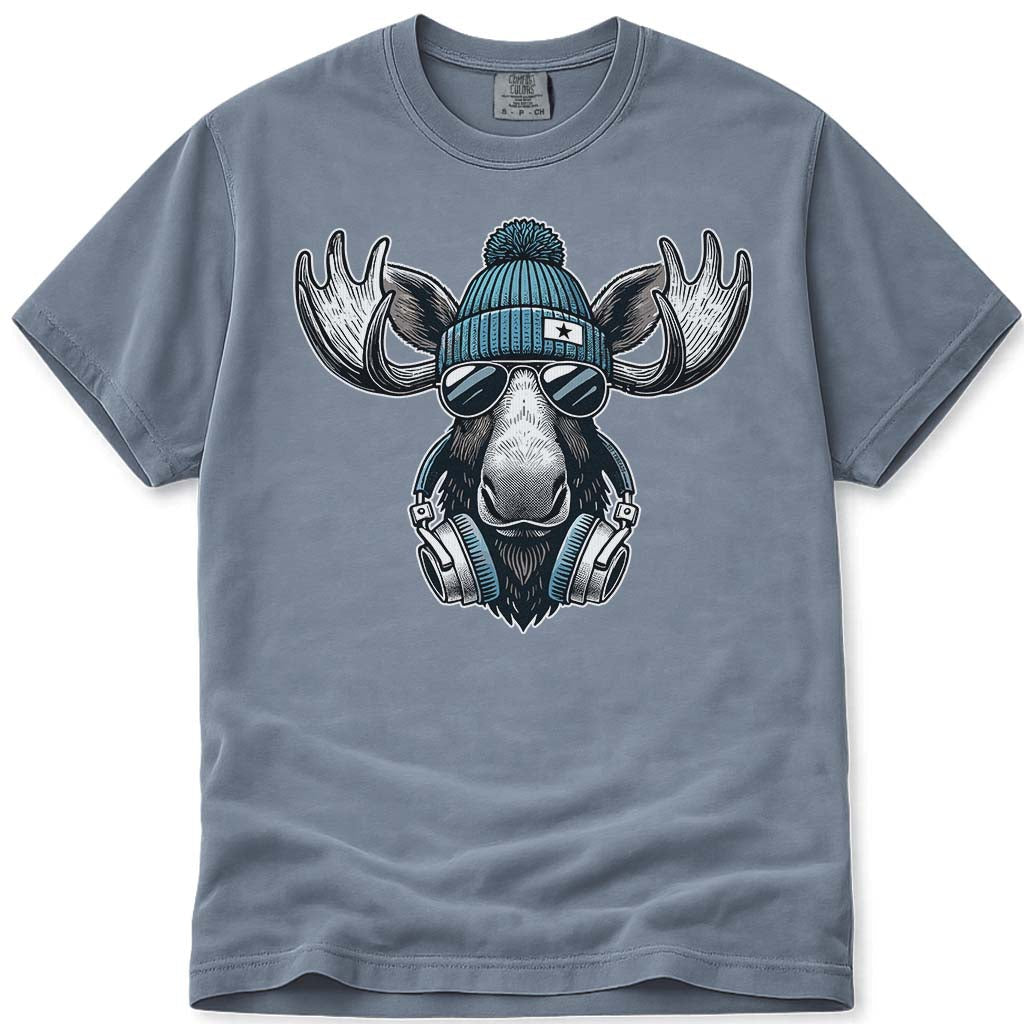 Cool Hipster Moose Headphones Sunglasses T Shirt - Blue Jean
