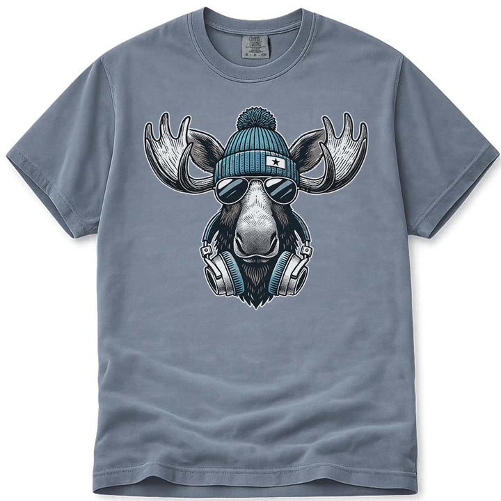 Cool Hipster Moose Headphones Sunglasses T Shirt - Blue Jean