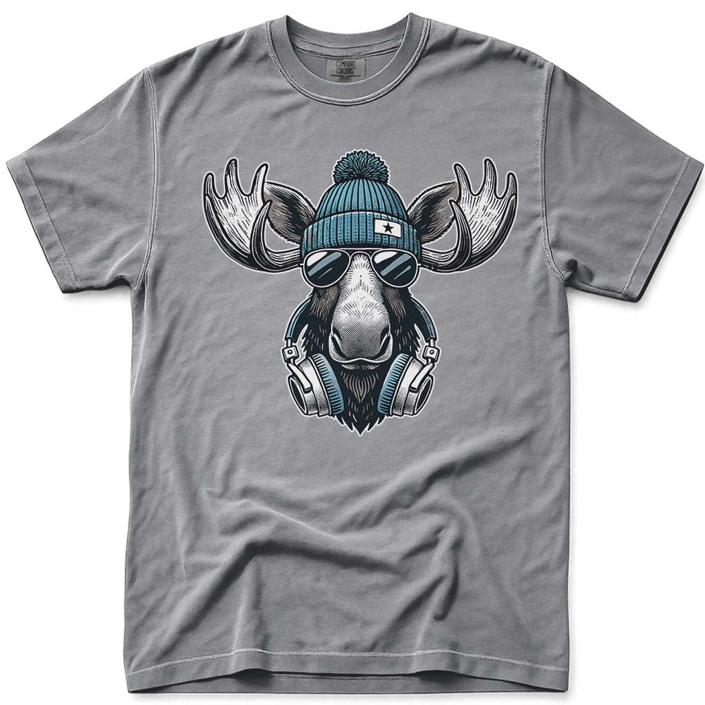 Cool Hipster Moose Headphones Sunglasses T Shirt - Grey