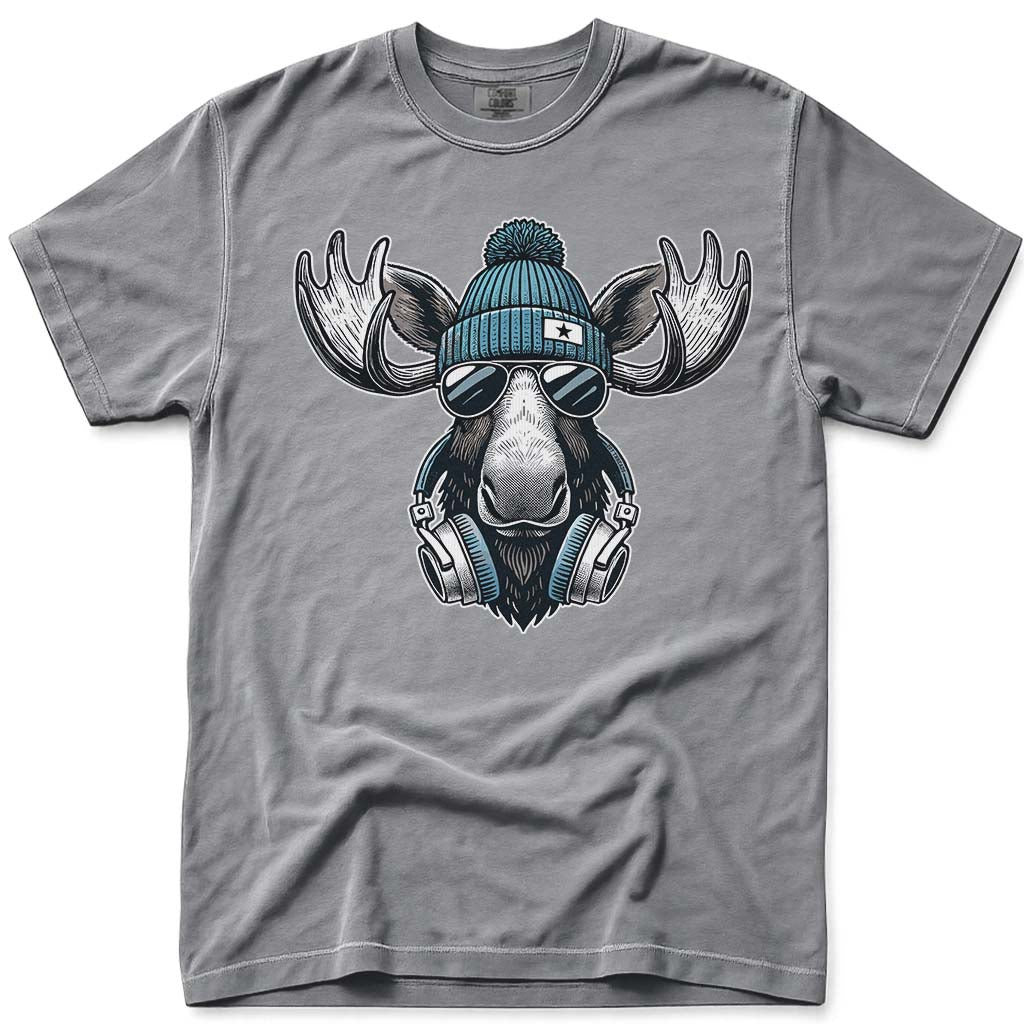 Cool Hipster Moose Headphones Sunglasses T Shirt - Grey