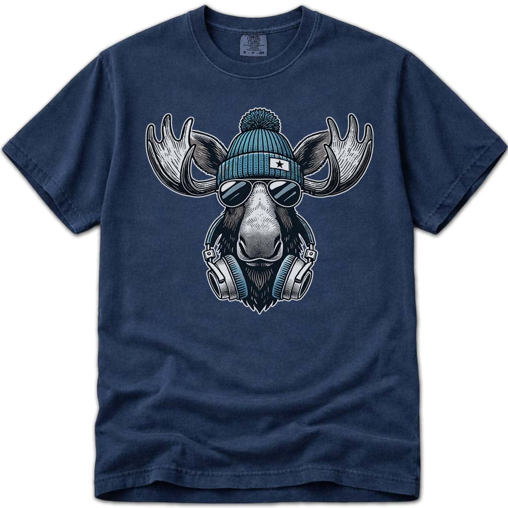 Cool Hipster Moose Headphones Sunglasses T Shirt - Navy