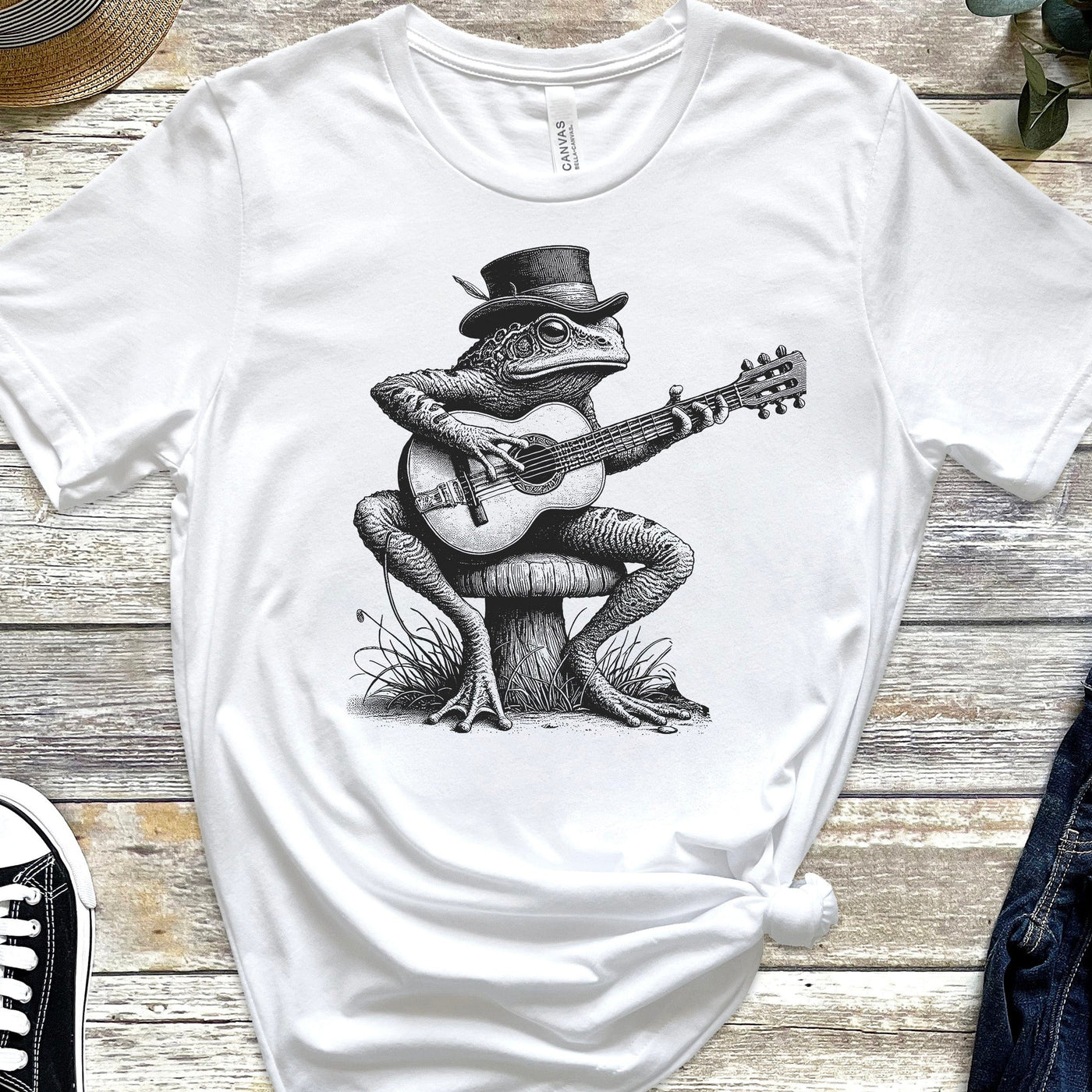 Cottagecore Guitar Frog T-Shirt – Cute Frog Playing Guitar Graphic Tee