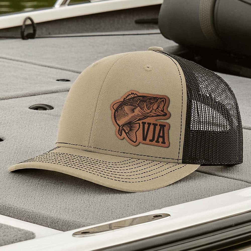 Personalized Bass Fishing Hat, Custom Monogram Leather Patch Personalized Bass Fishing Hat, Custom Monogram Leather Patch