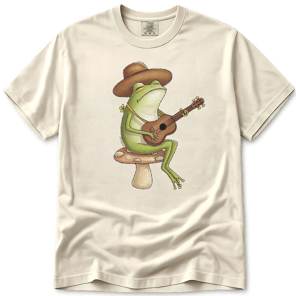 Cute Cottagecore Toad Stool Mushroom Frog Guitarist T Shirt - Ivory