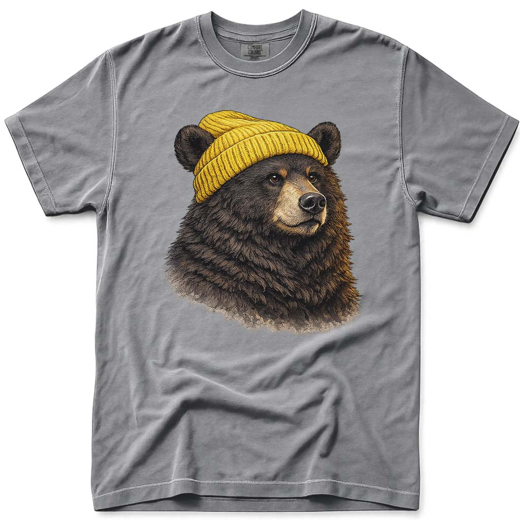 Cute Winter Bear T-Shirt, Beanie Wearing Bear Tee - Grey