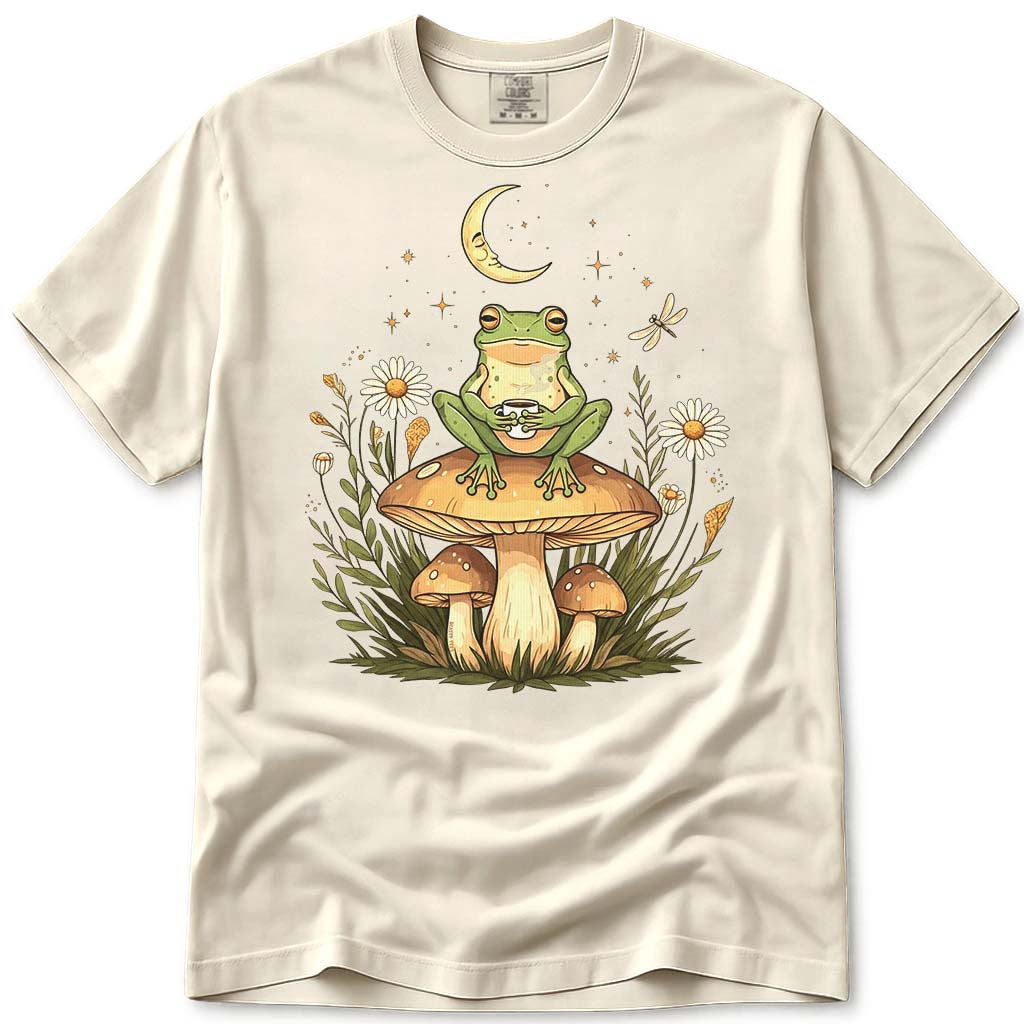 Cute Frog Drinking Coffee Mushroom Cottagecore T-Shirt, Whimsical Nature Tee - Ivory