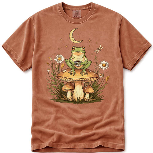 Cute Frog Drinking Coffee Mushroom Cottagecore T-Shirt, Whimsical Nature Tee