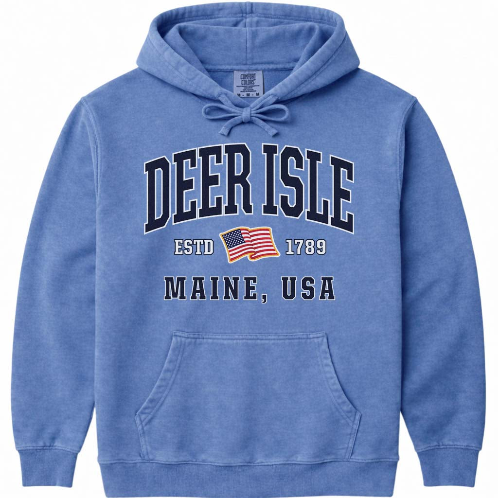 Deer Isle Maine USA Flag Hoodie - Flo Blue