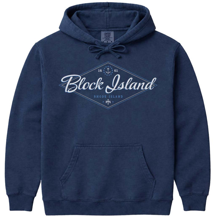 Diamond Script Block Island Rhode Island Hoodie Sweatshirt - Navy