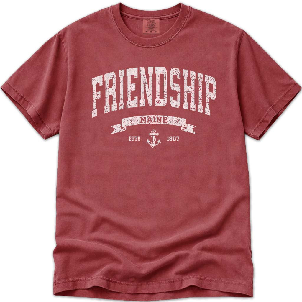 Distressed Vintage Friendship Maine T Shirt - Crimson