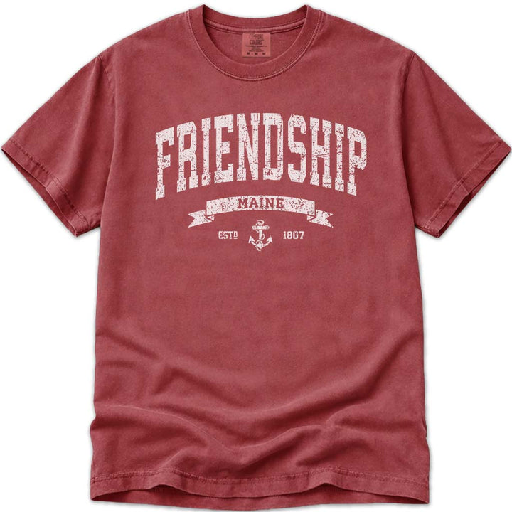 Distressed Vintage Friendship Maine T Shirt - Crimson