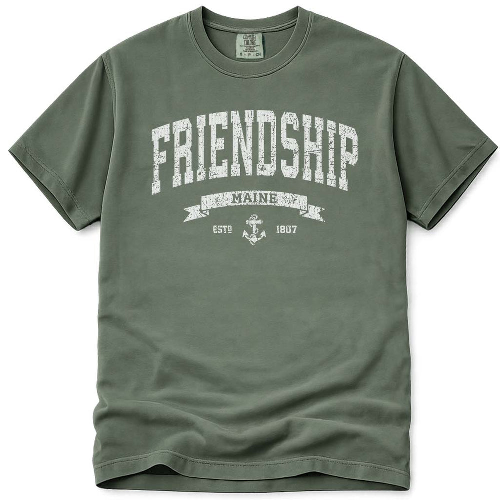 Distressed Vintage Friendship Maine T Shirt - Moss