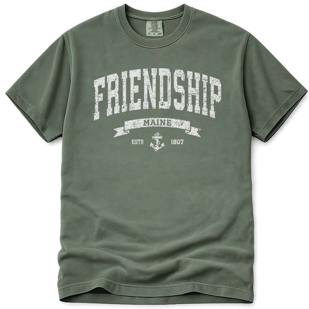Distressed Vintage Friendship Maine T Shirt - Moss