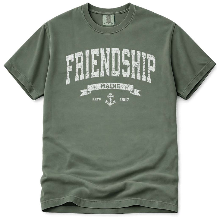 Distressed Vintage Friendship Maine T Shirt - Moss