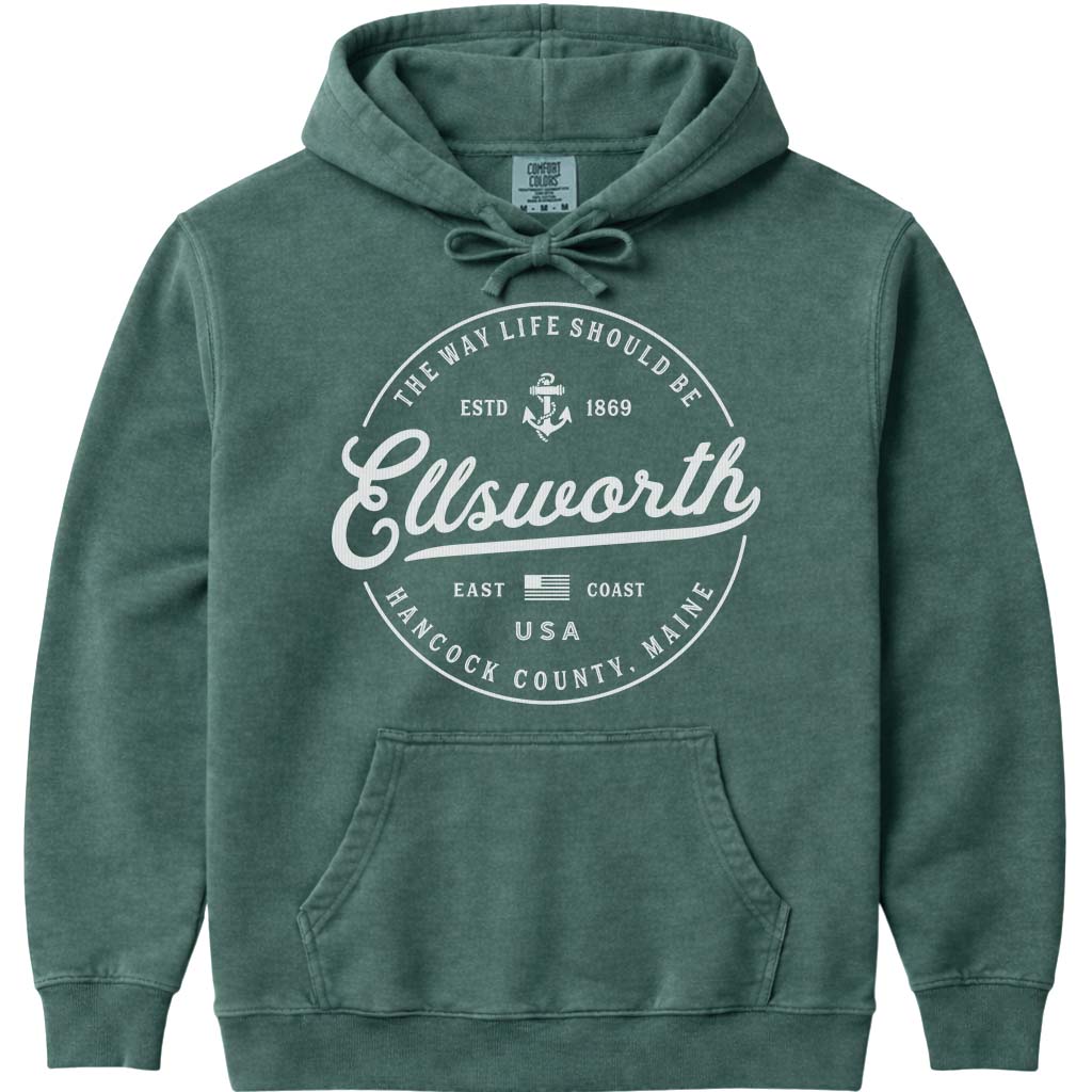 Ellsworth Maine Travel Logo Hoodie Sweatshirt - Blue Spruce