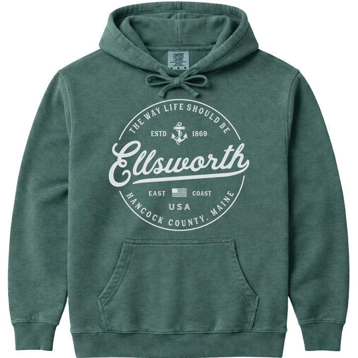 Ellsworth Maine Travel Logo Hoodie Sweatshirt - Blue Spruce