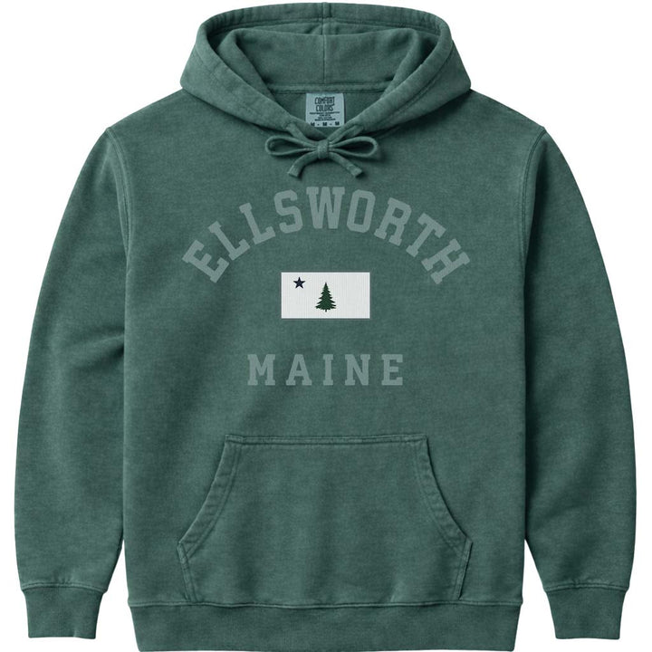 Ellsworth Maine Vintage Flag Hooded Sweatshirt - Blue Spruce