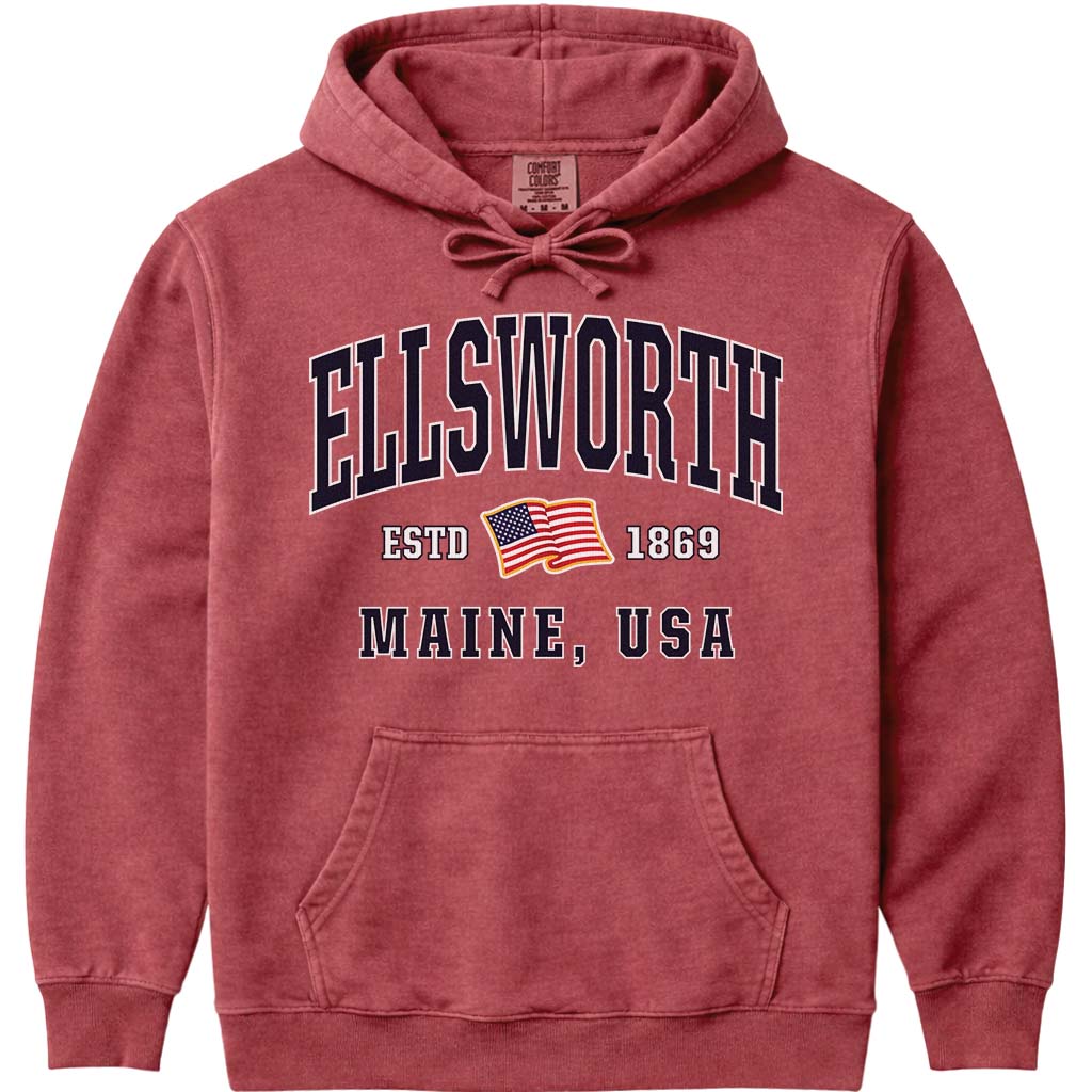 Ellsworth Maine USA Flag Hooded Sweatshirt - Crimson