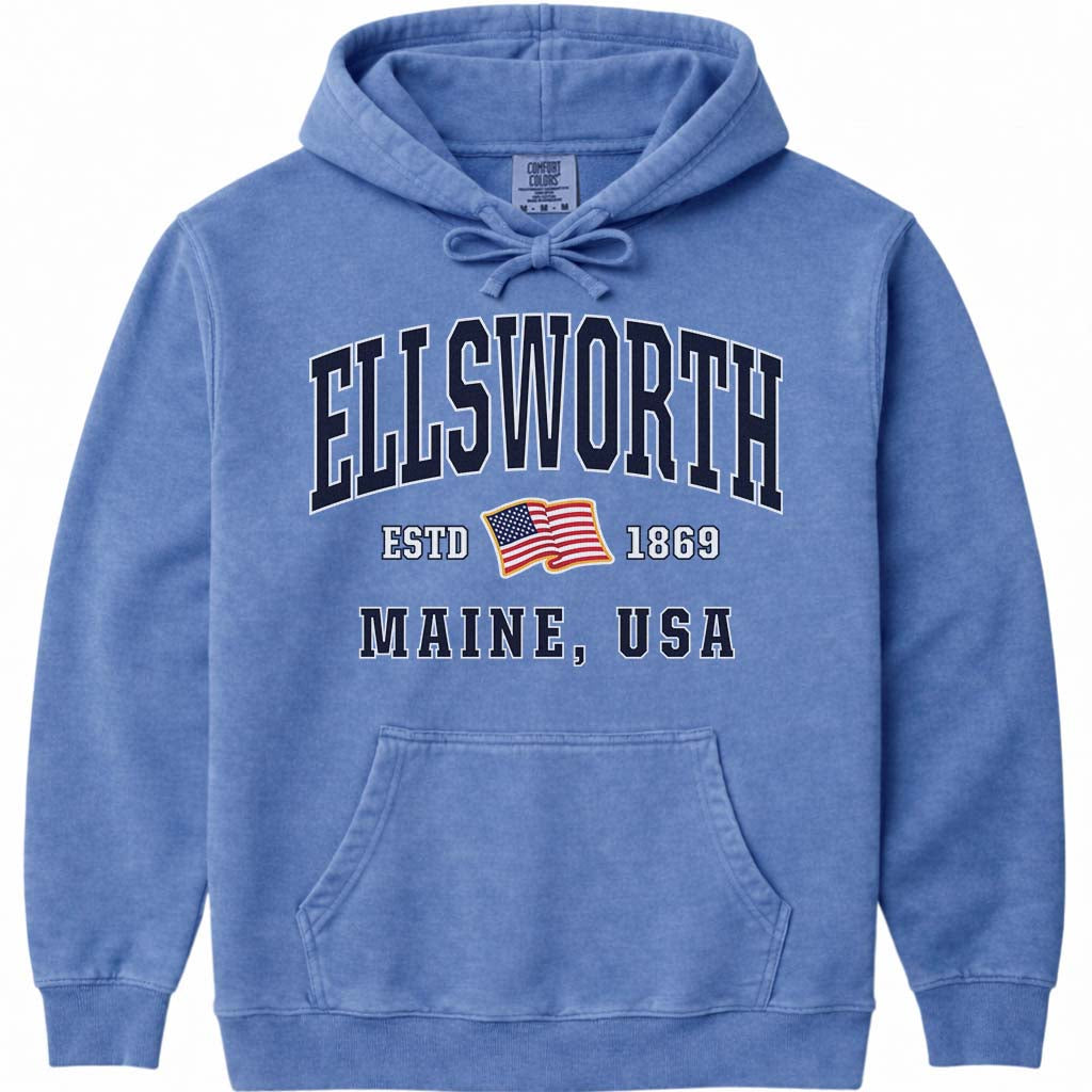 Ellsworth Maine USA Flag Hooded Sweatshirt - Flo Blue
