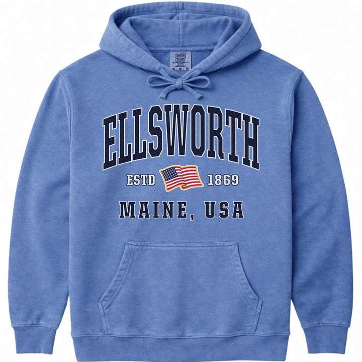 Ellsworth Maine USA Flag Hooded Sweatshirt - Flo Blue