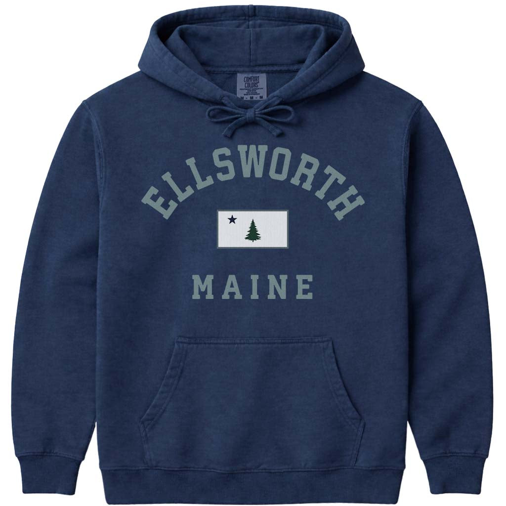 Ellsworth Maine Vintage Flag Hooded Sweatshirt - Navy