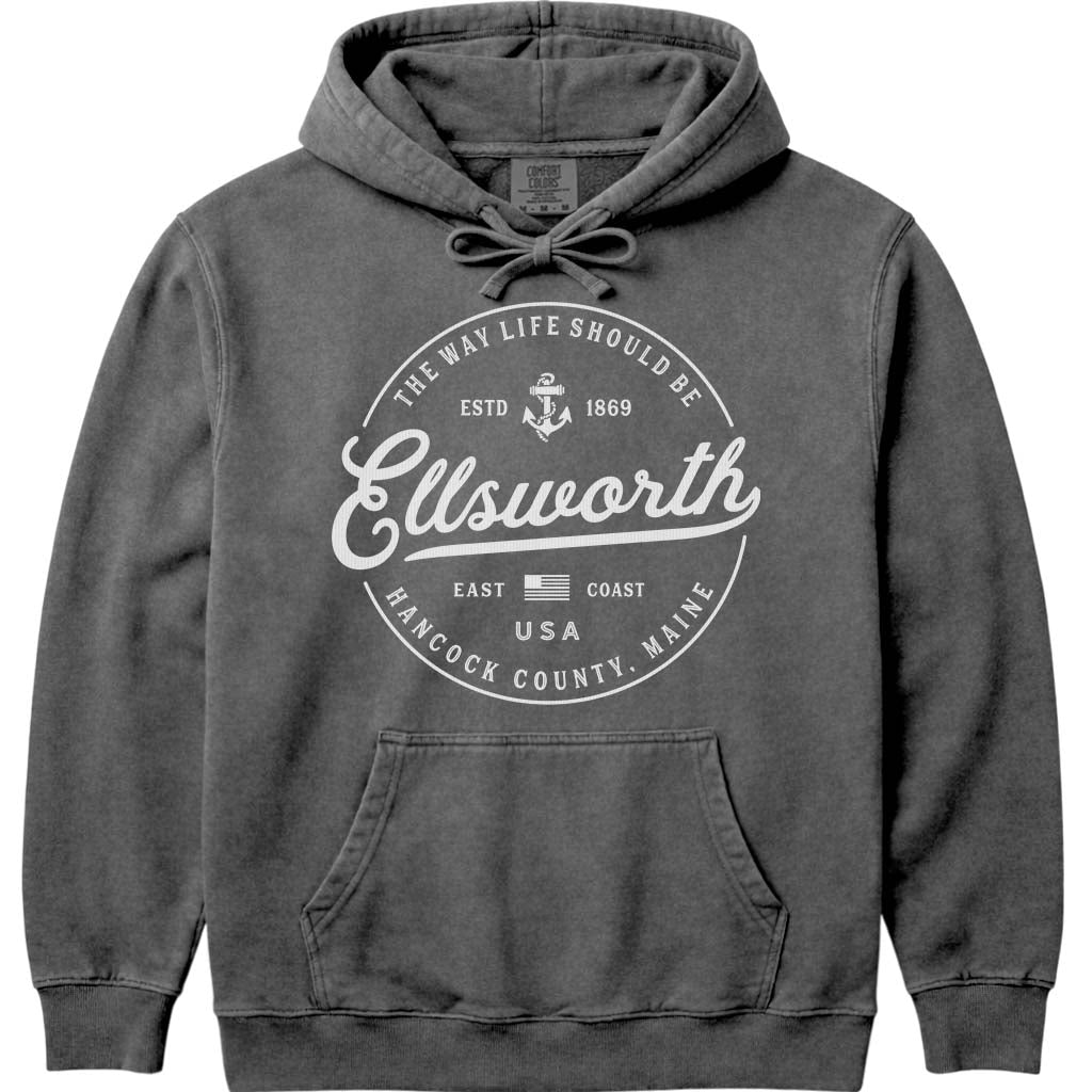 Ellsworth Maine Travel Logo Hoodie Sweatshirt - Pepper