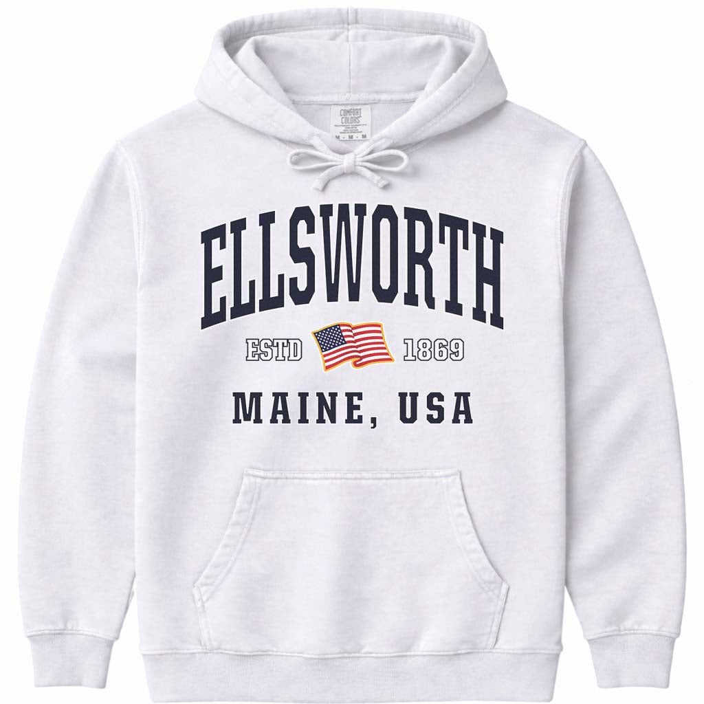 Ellsworth Maine USA Flag Hooded Sweatshirt - White