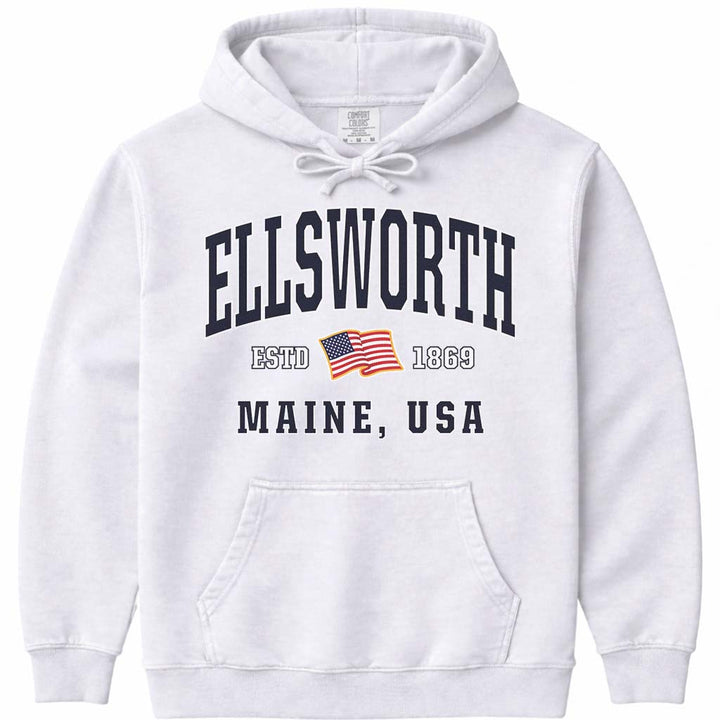 Ellsworth Maine USA Flag Hooded Sweatshirt - White
