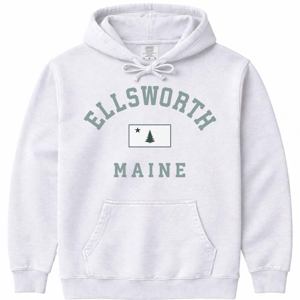 Ellsworth Maine Vintage Flag Hooded Sweatshirt - White